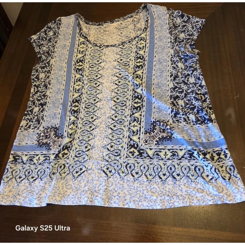 Lucky Brand Top Womens Capped Sleeve Size M Boho cottagecore blues geometric